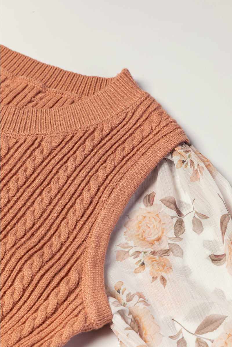 *WEBSITE EXCLUSIVE* Floral Patchwork Ruffled Cuff Sleeve Cable Knit Sweater