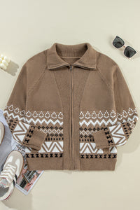 *Website Exclusive* Brown Geometric Print Ribbed Trim Zipper Collar Sweater