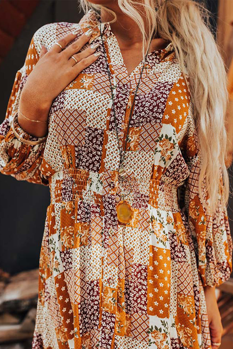 *WEBSITE EXCLUSIVE* Bettie Orange Boho Floral Puff Sleeve Smocked Waist Mini Shirt Dress