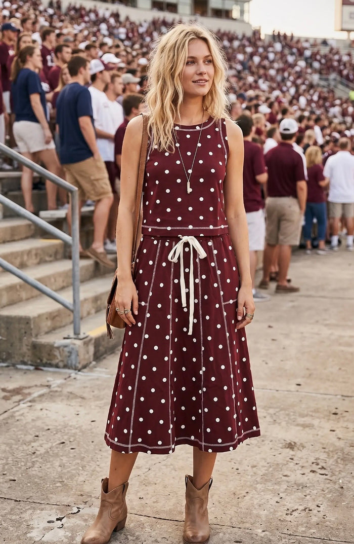 Maroon & White Polka Dot Top & Skirt Set
