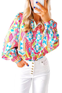 *WEBSITE EXCLUSIVE* Multicolour Abstract Print Button Lantern Sleeve Shirt