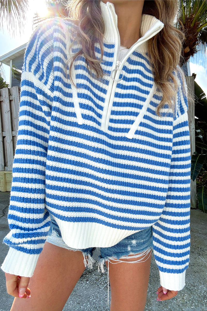 *WEBSITE EXCLUSIVE* Olivia Blue Stripe Zip Collar Sweater