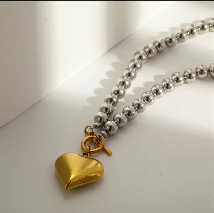 Silver Beaded Necklace with Gold Puffy Heart