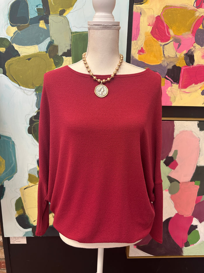 Wine Boatneck Blouse with Dolman Sleeves