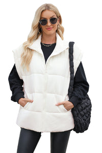 *Website Exclusive* Beige Solid Zipper Stand Neck Oversized Puffer Vest