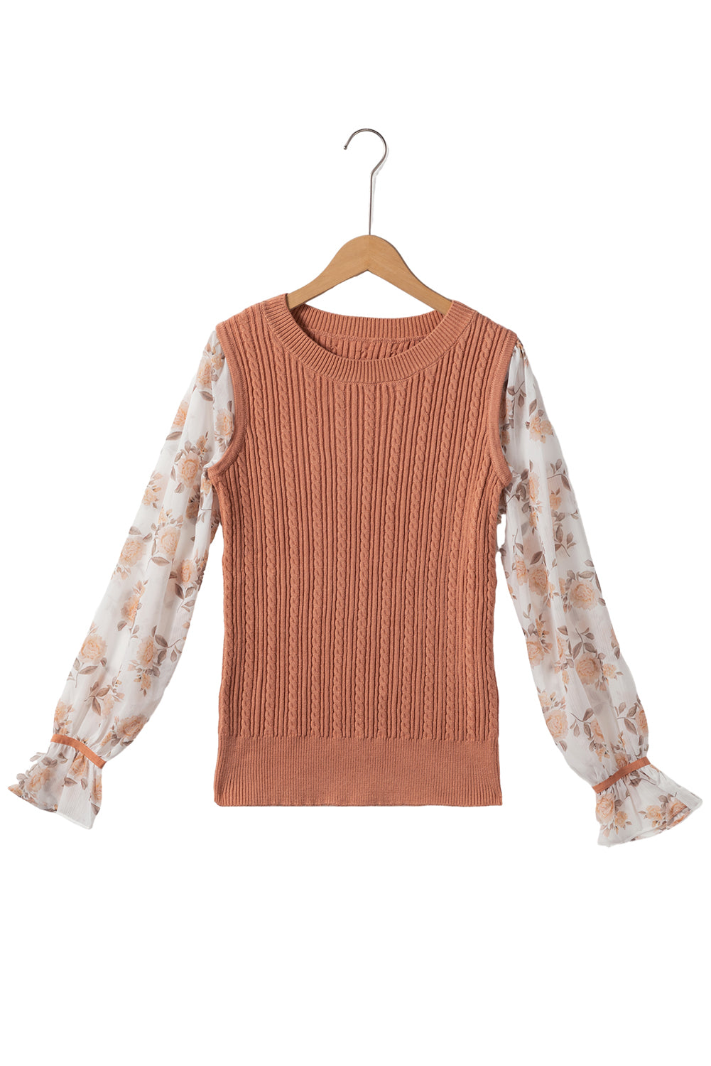 *WEBSITE EXCLUSIVE* Floral Patchwork Ruffled Cuff Sleeve Cable Knit Sweater