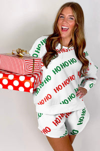 *Website Exclusive* White Christmas HO HO HO Print Drop Shoulder Pullover and Shorts Set