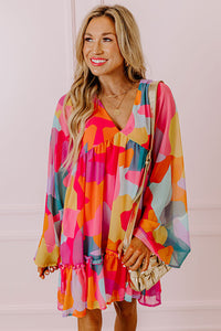 *WEBSITE EXCLUSIVE*  Abstract Print Bell Sleeve V Neck Babydoll Dress