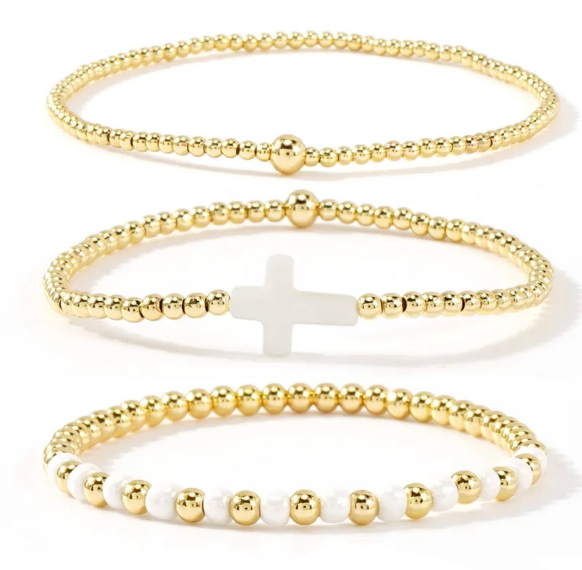 Set of 3 Gold Pearl Cross Bracelet