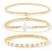 Set of 3 Gold Pearl Cross Bracelet