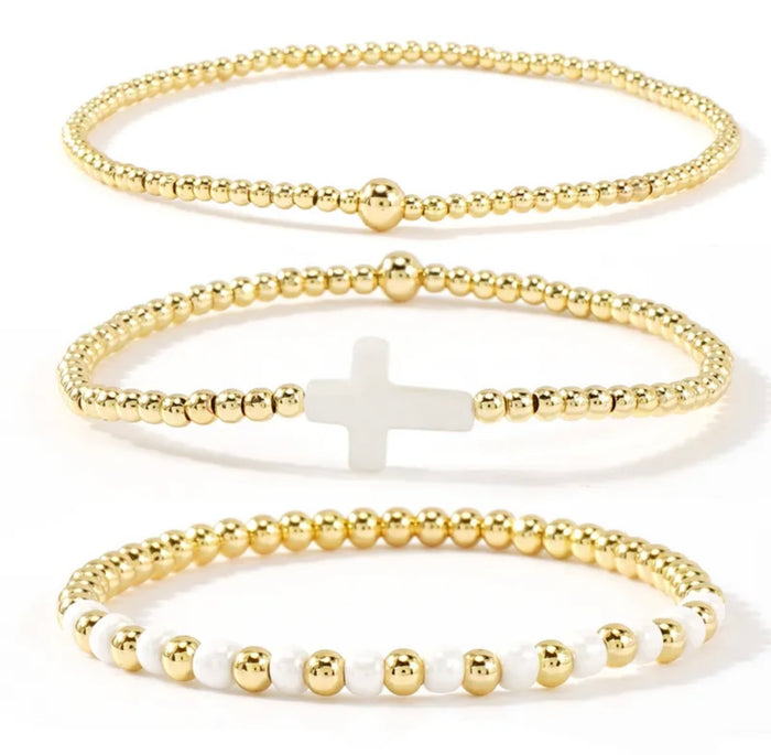 Set of 3 Gold Pearl Cross Bracelet