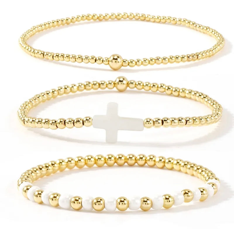 Set of 3 Gold Pearl Cross Bracelet