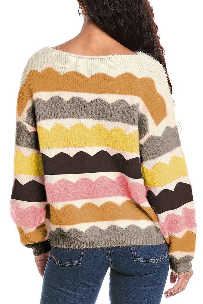 *Website Exclusive * Tabbie Yellow Wave Striped Balloon Sleeve Drop Shoulder Sweater