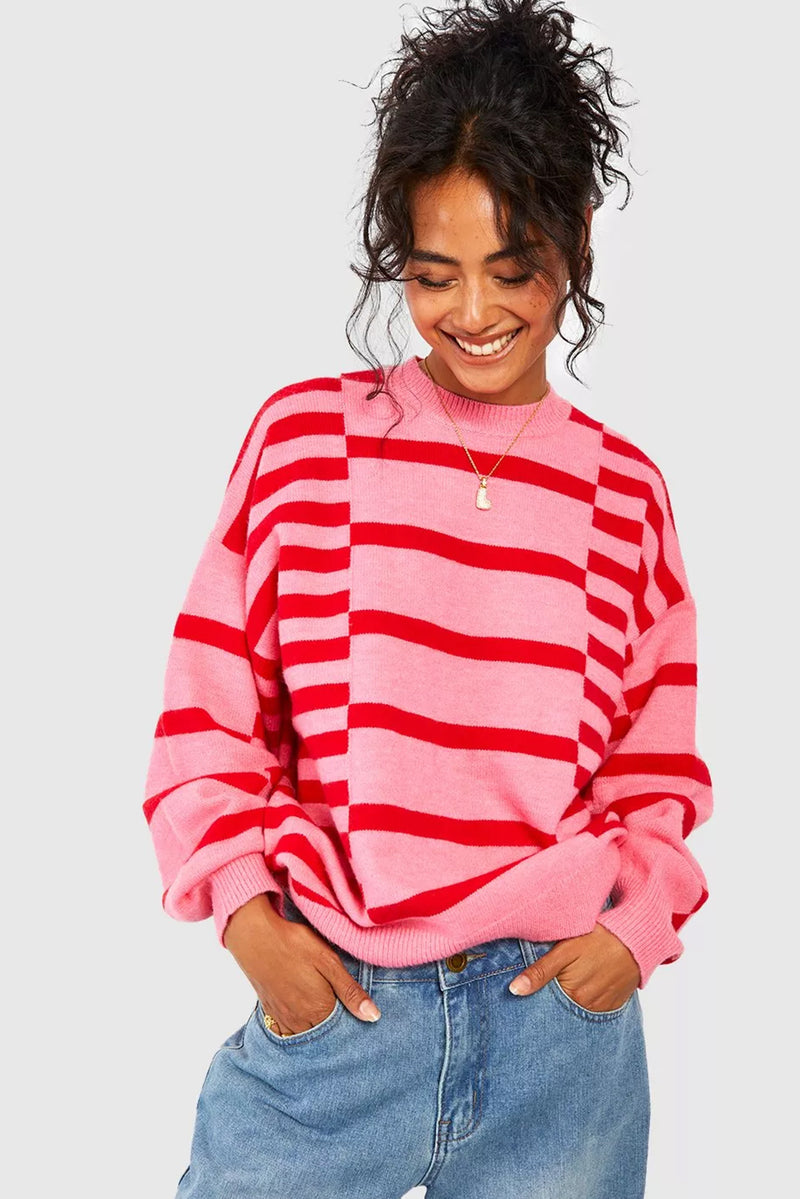 *WEBSITE EXCLUSIVE* Pink Striped Crewneck Knit Sweater