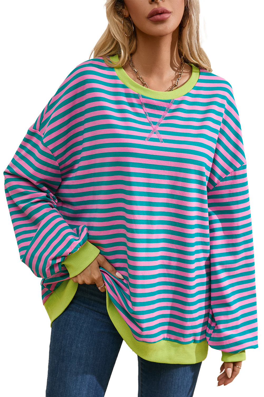 *WEBSITE EXCLUSIVE* Stripe Contrast Edge Oversized Pullover