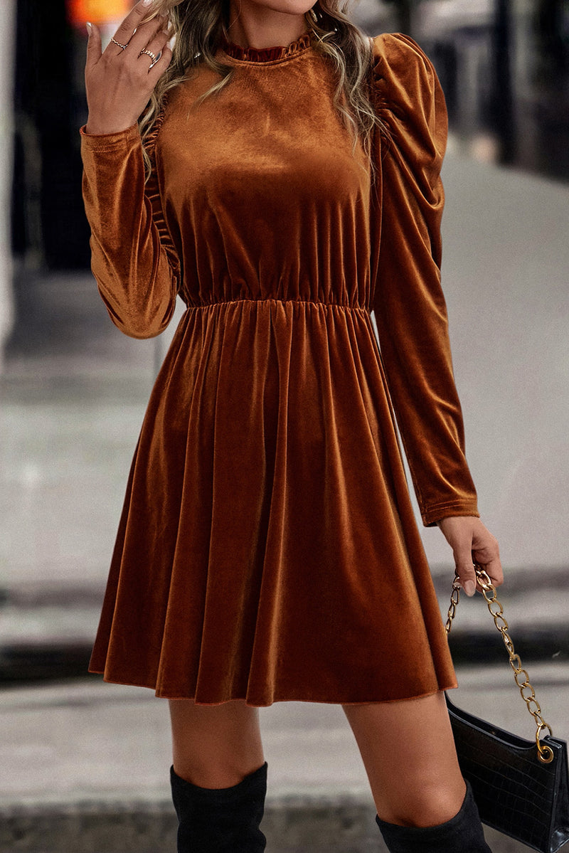 *Website Exclusive* Velvet Frilled Neck Gigot Sleeve Swing Dress