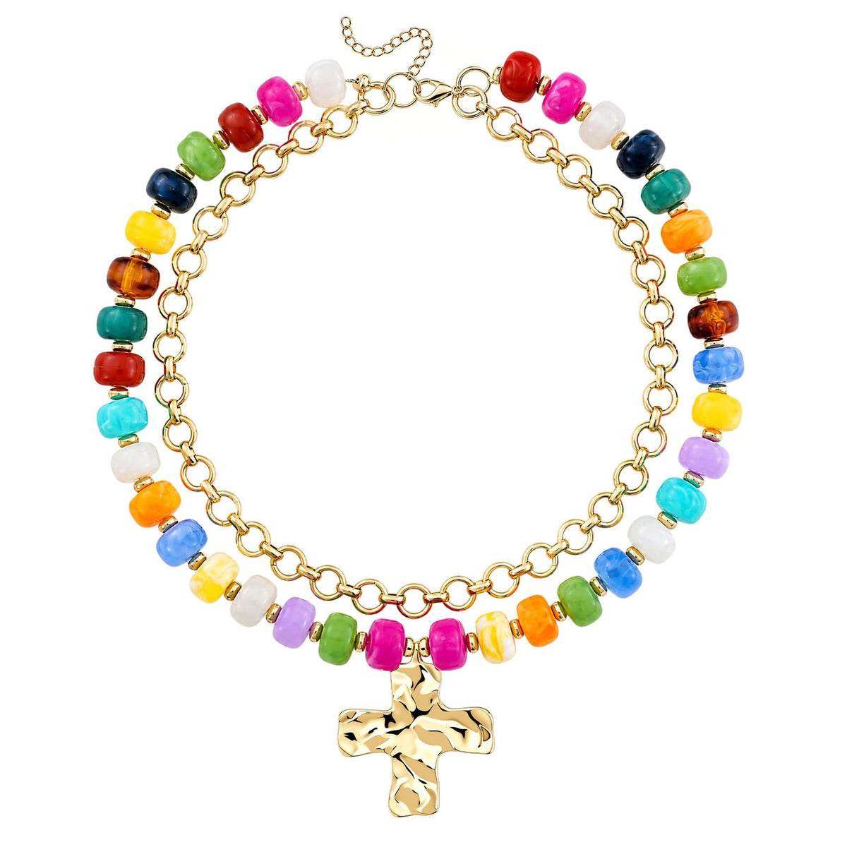 Multicolor Bead Cross Double Necklace