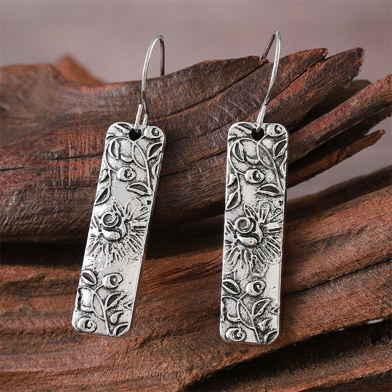 Silver Rectangular Floral Earrings