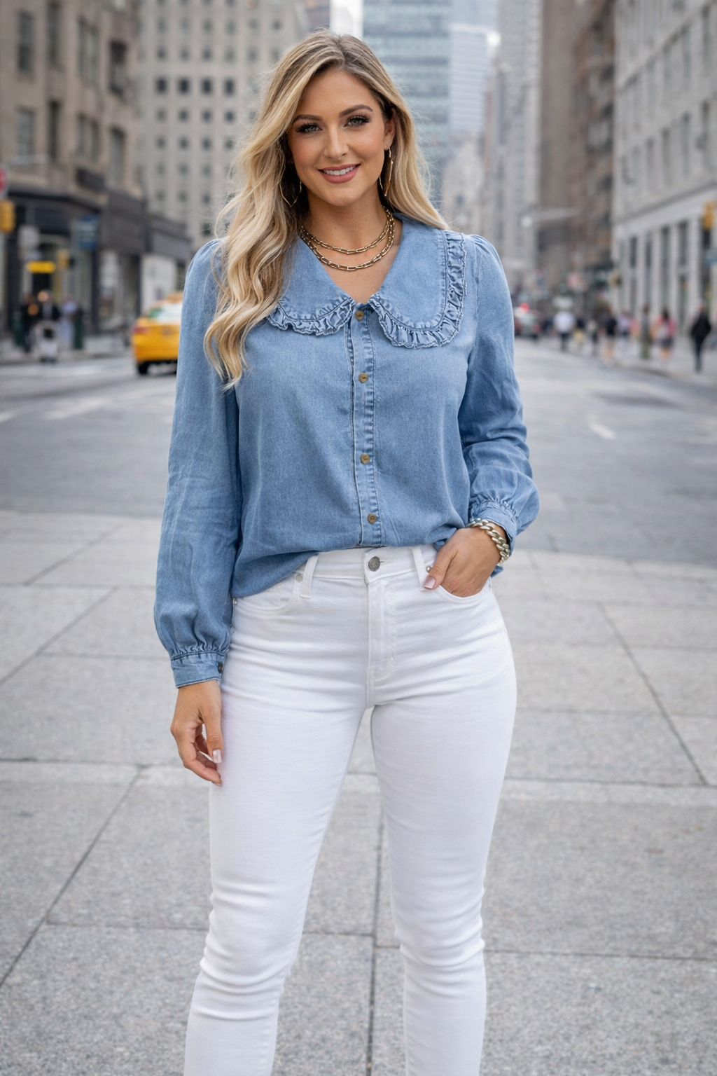 Denim Ruffle Collar Blouse