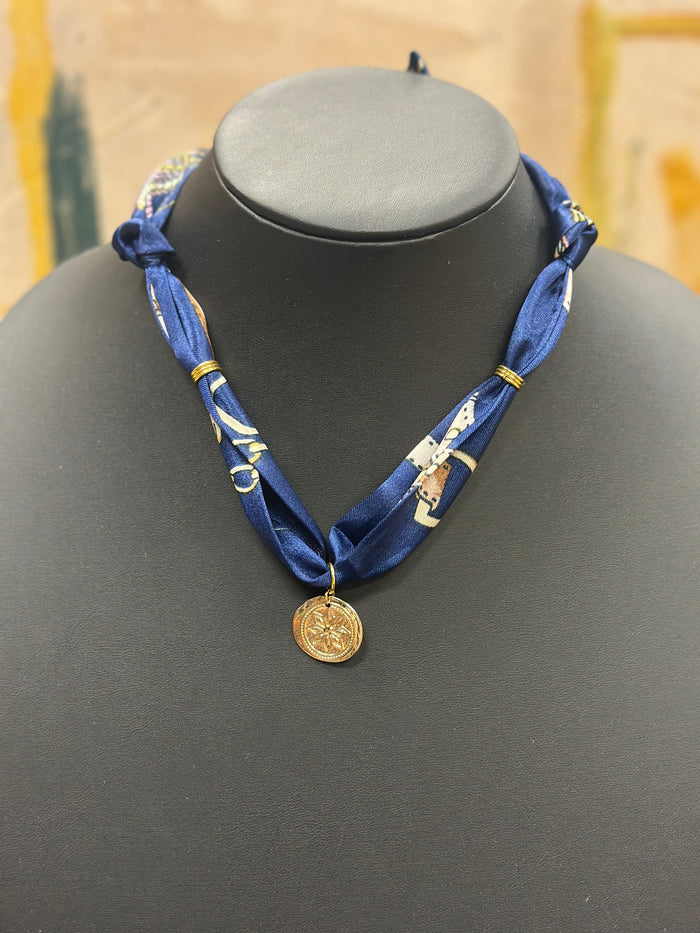 Navy Scarf Necklace with Round Charm