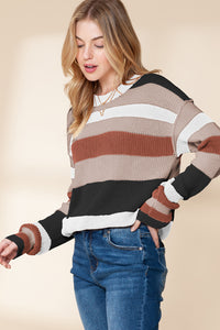 *Website Exclusive* Camel Ribbed Round Neck Color Block Knitted Sweater