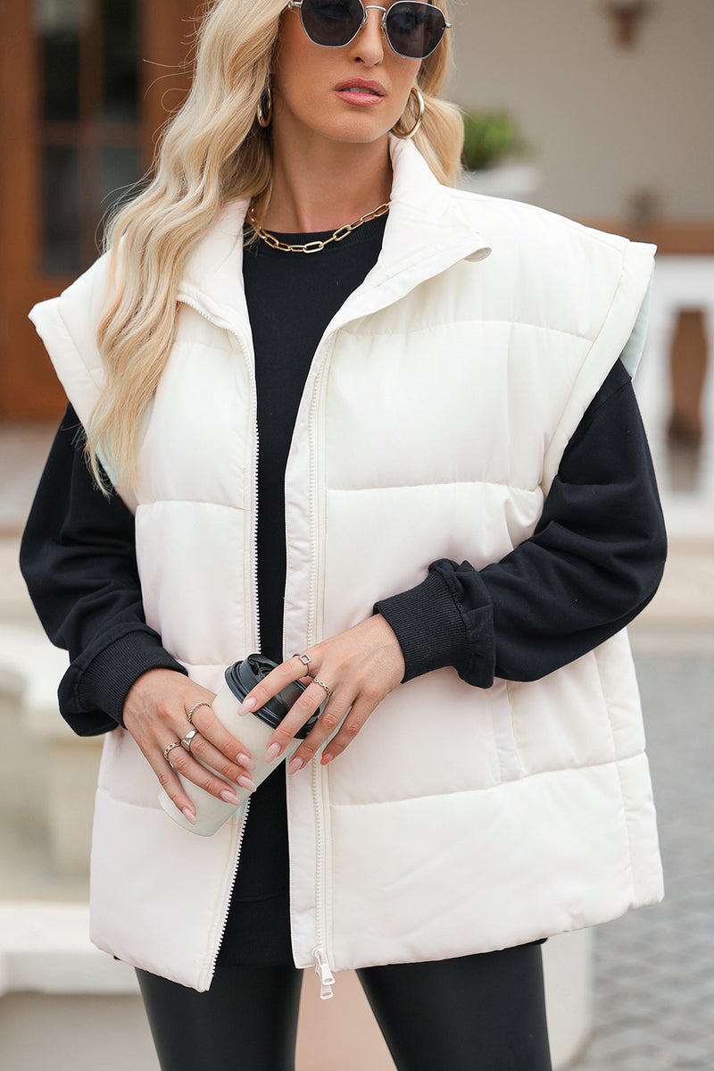 *Website Exclusive* Beige Solid Zipper Stand Neck Oversized Puffer Vest