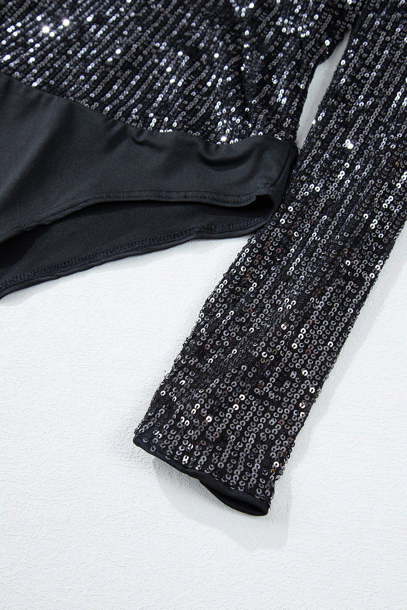 *WEBSITE EXCLUSIVE* Brooke Black Sequin V Neck Zipped Long Sleeve Bodysuit