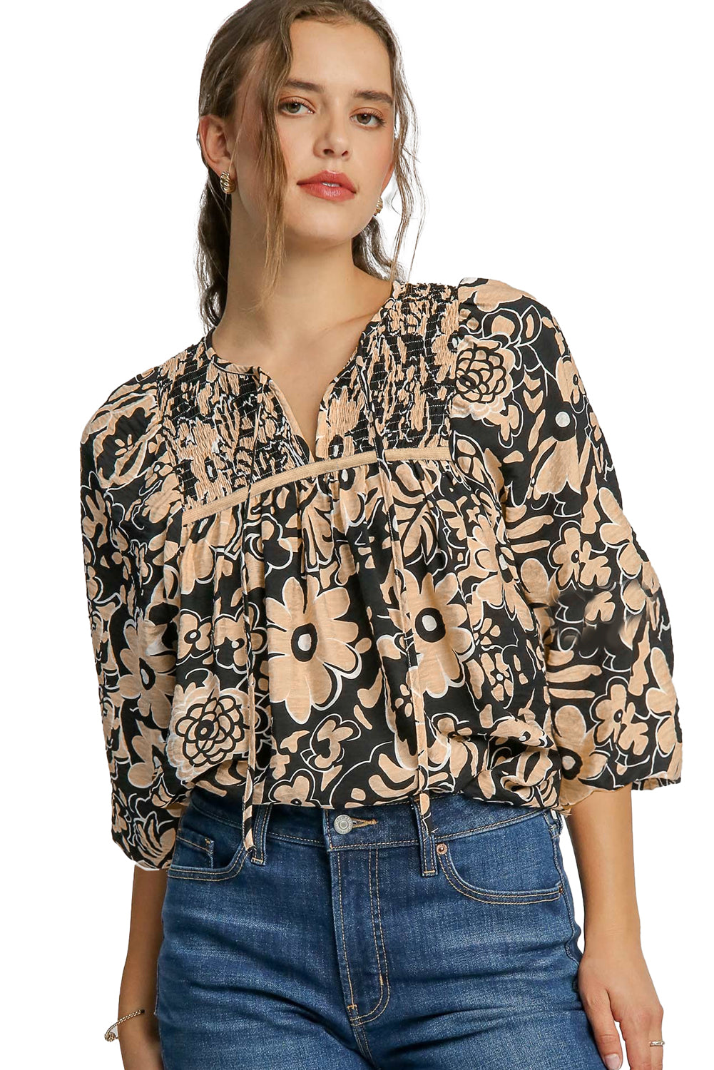 *Website Exclusive* Black Boho Floral Smocked V Neck Bracelet Sleeve Blouse