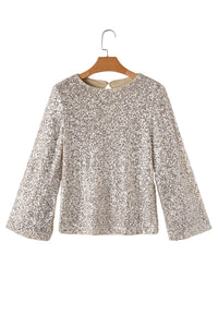 *WEBSITE EXCLUSIVE* Silver Sequin Puff Sleeve Cutout Back Blouse