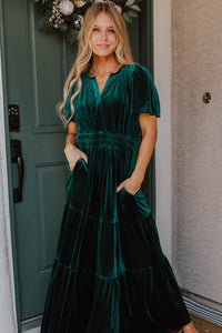 *Website Exclusive* Taylor Velvet Puff Short Sleeve Smocked Waist Tiered Maxi Dress