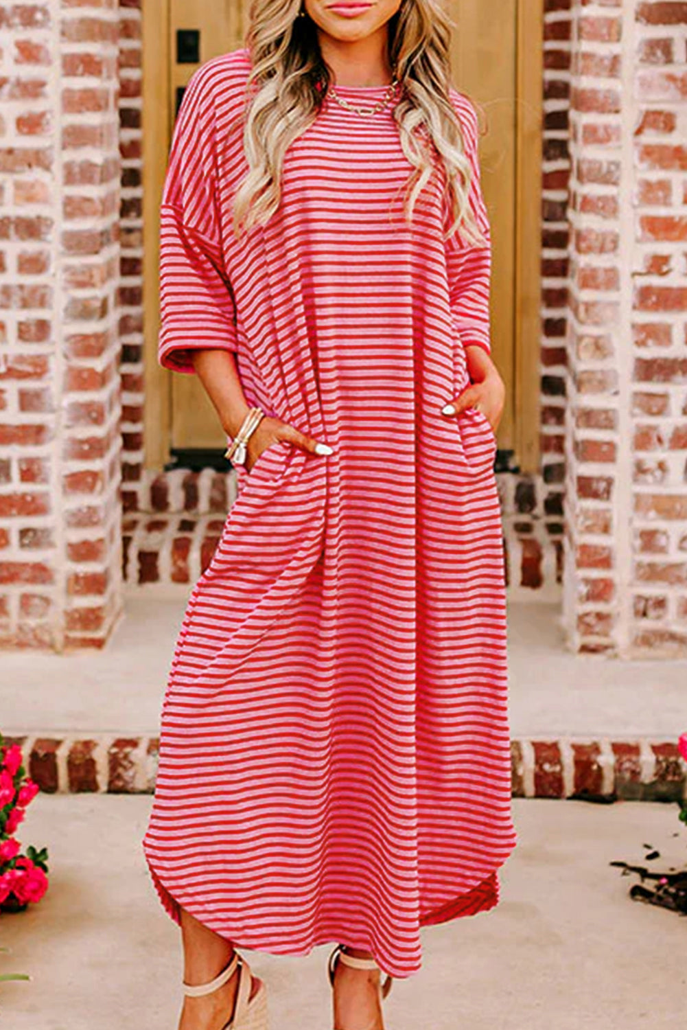 *WEBSITE EXCLUSIVE* Ada Strawberry Pink Striped Drop Sleeve Loose Dress