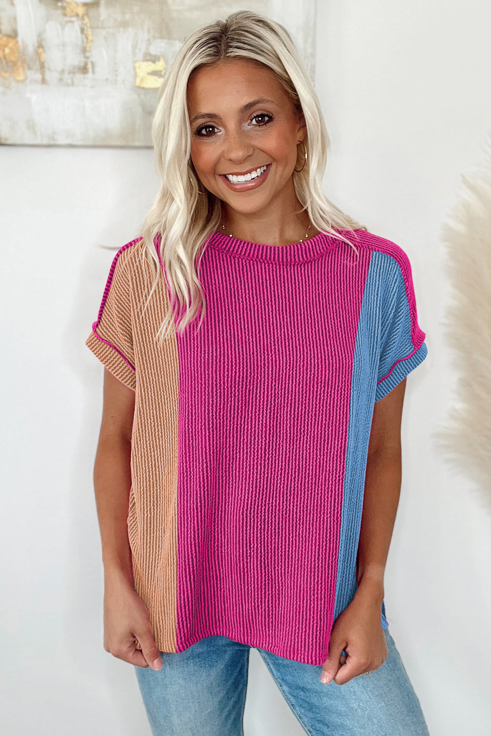 *WEBSITE EXCLUSIVE* Colorblock Ribbed Round Neck T Shirt