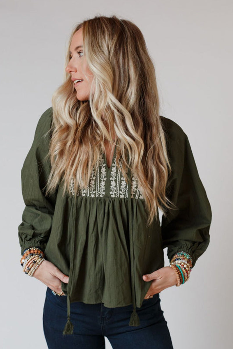 *WEBSITE EXCLUSIVE* Green Embroidered Split Neck Pleated Loose Blouse