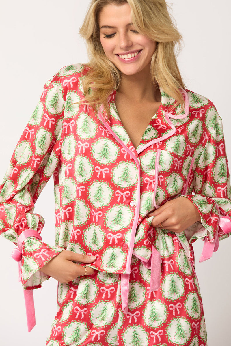 *Website Exclusive* Estimated Ship Date 11/27 Red Christmas Tree Bow Long Sleeve Lapel Collar Pajama Set