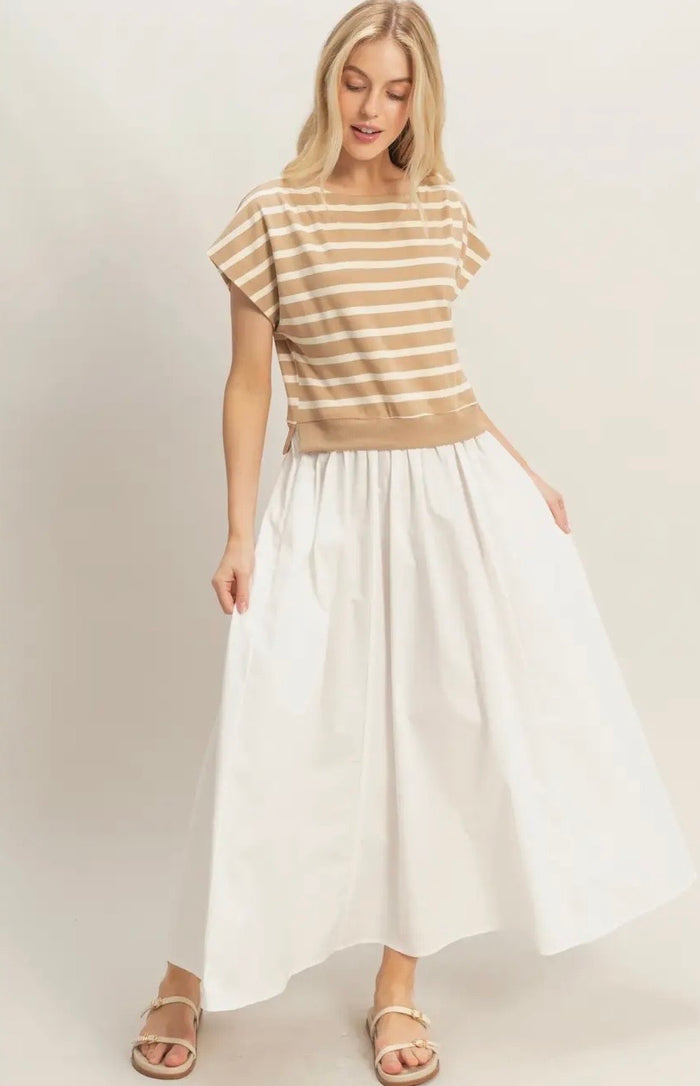 Khaki & White Midi Dress