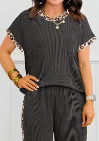 Charcoal Raised Rib Set with Leopard Trim