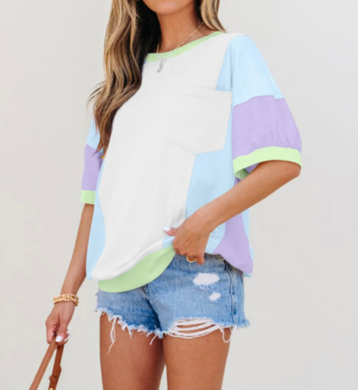 White, Blue, & Lavender Colorblock Top