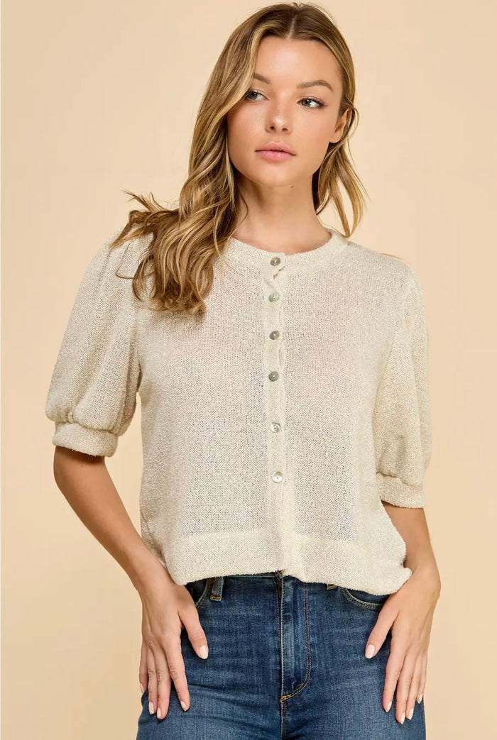 Puffed Sleeve  Gold Flecked Linen Colored Sweater
