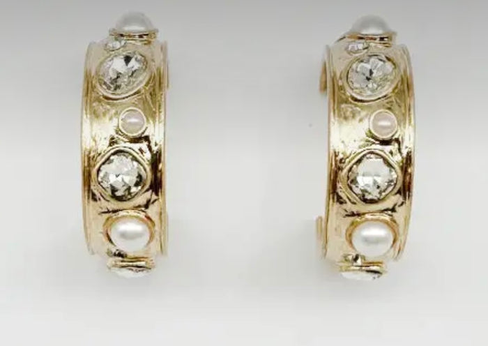 Gold Hammered Hoops with Crystals & Pearls
