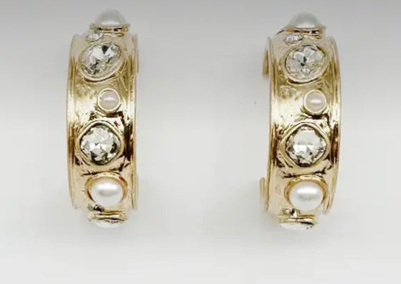 Gold Hammered Hoops with Crystals & Pearls