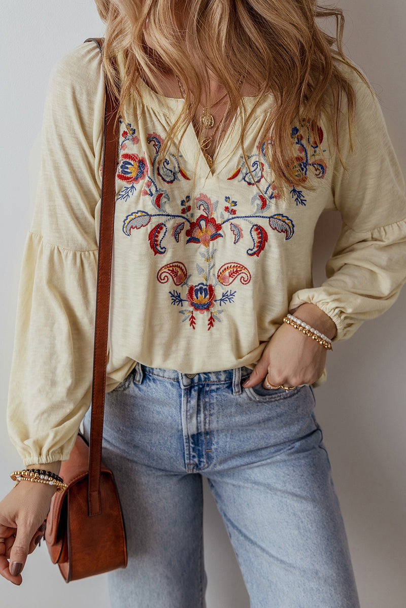 *WEBSITE EXCLUSIVE* Paisley Floral Embroidered Notch V Neck Blouse