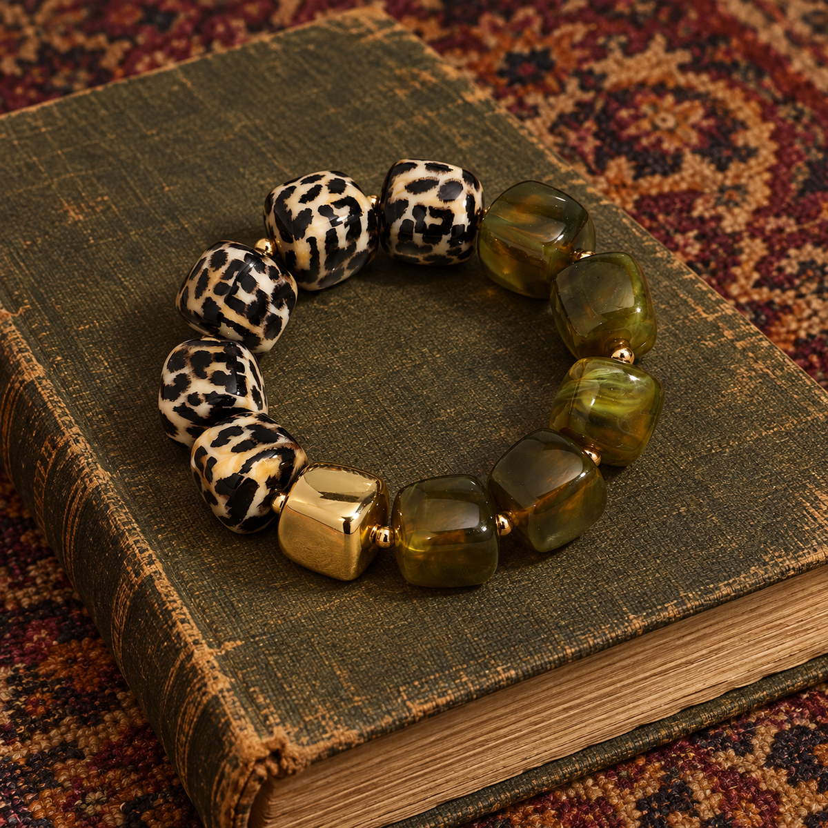 Leopard, Green, & Gold Bracelet
