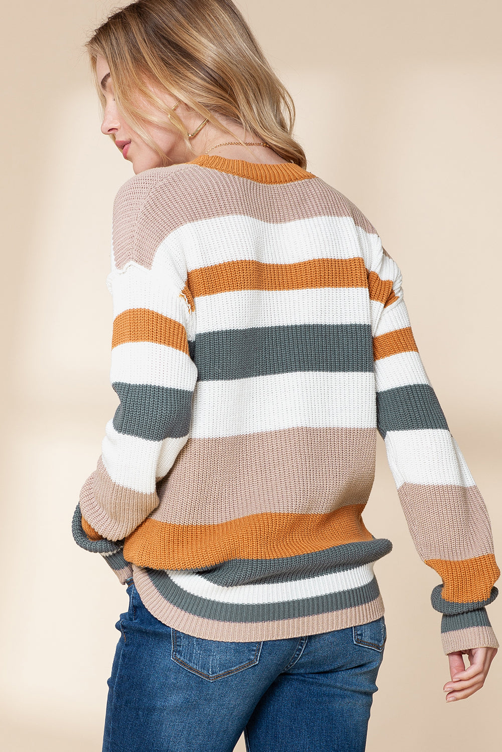 *Website Exclusive* Camel Ribbed Round Neck Color Block Knitted Sweater