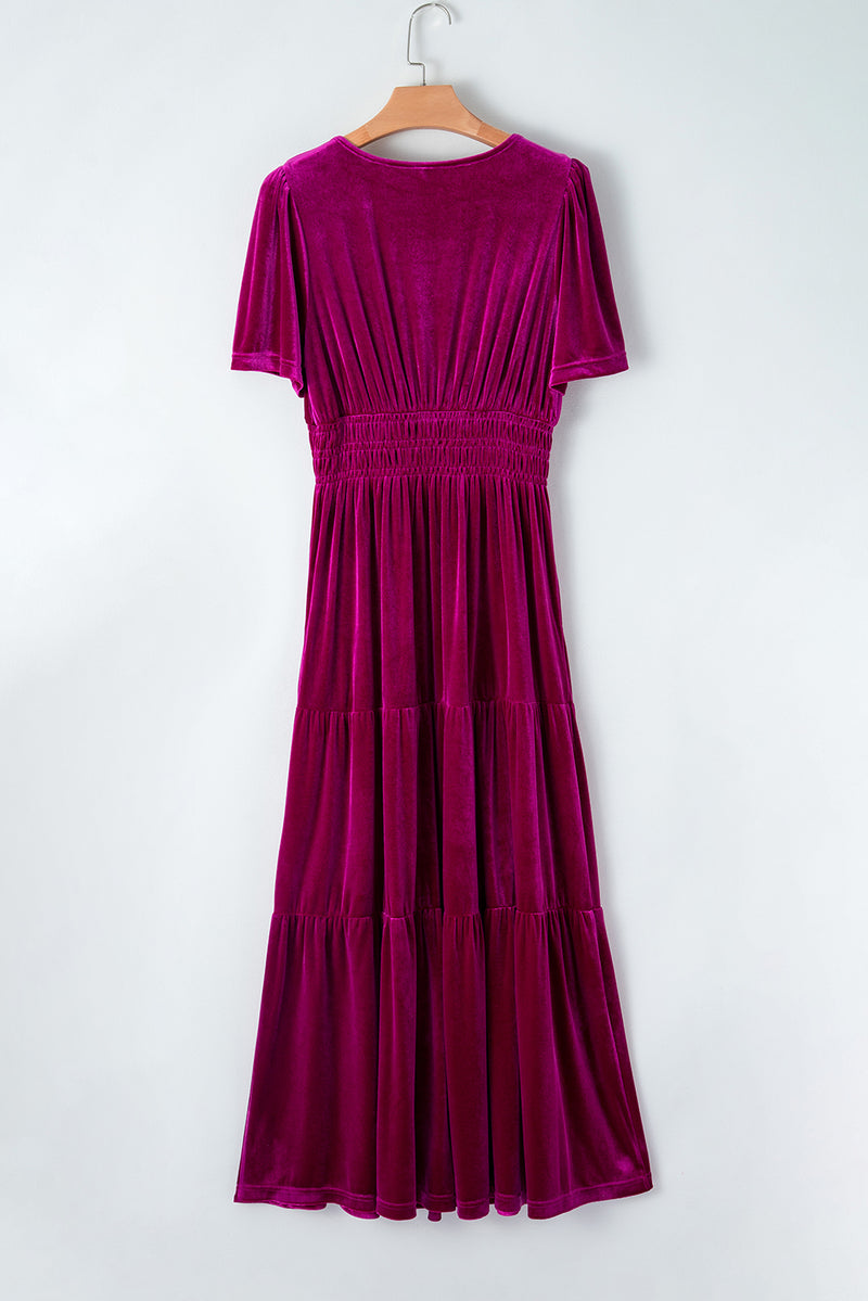 *Website Exclusive* Taylor Velvet Puff Short Sleeve Smocked Waist Tiered Maxi Dress