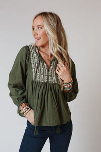 *WEBSITE EXCLUSIVE* Green Embroidered Split Neck Pleated Loose Blouse