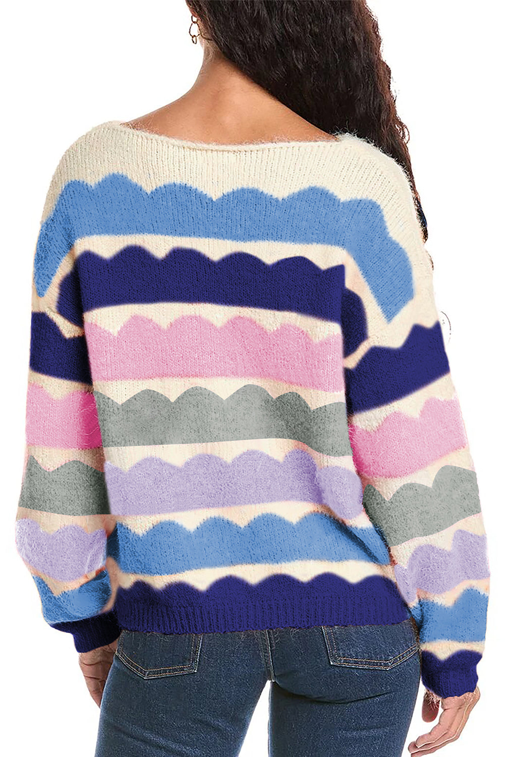 *Website Exclusive* Tabbie Wave Striped Balloon Sleeve Drop Shoulder Sweater