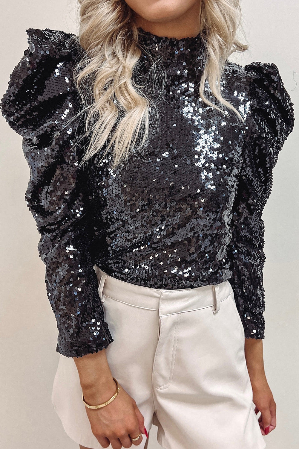 *WEBSITE EXCLUSIVE* Vivian Sequin Mock Neck Ruched Puff Sleeve Top