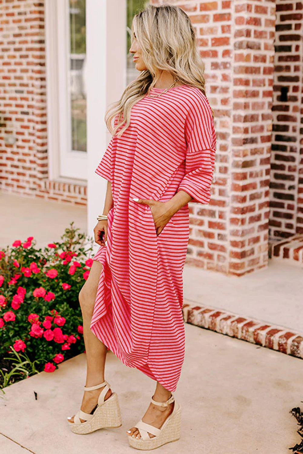 *WEBSITE EXCLUSIVE* Ada Strawberry Pink Striped Drop Sleeve Loose Dress