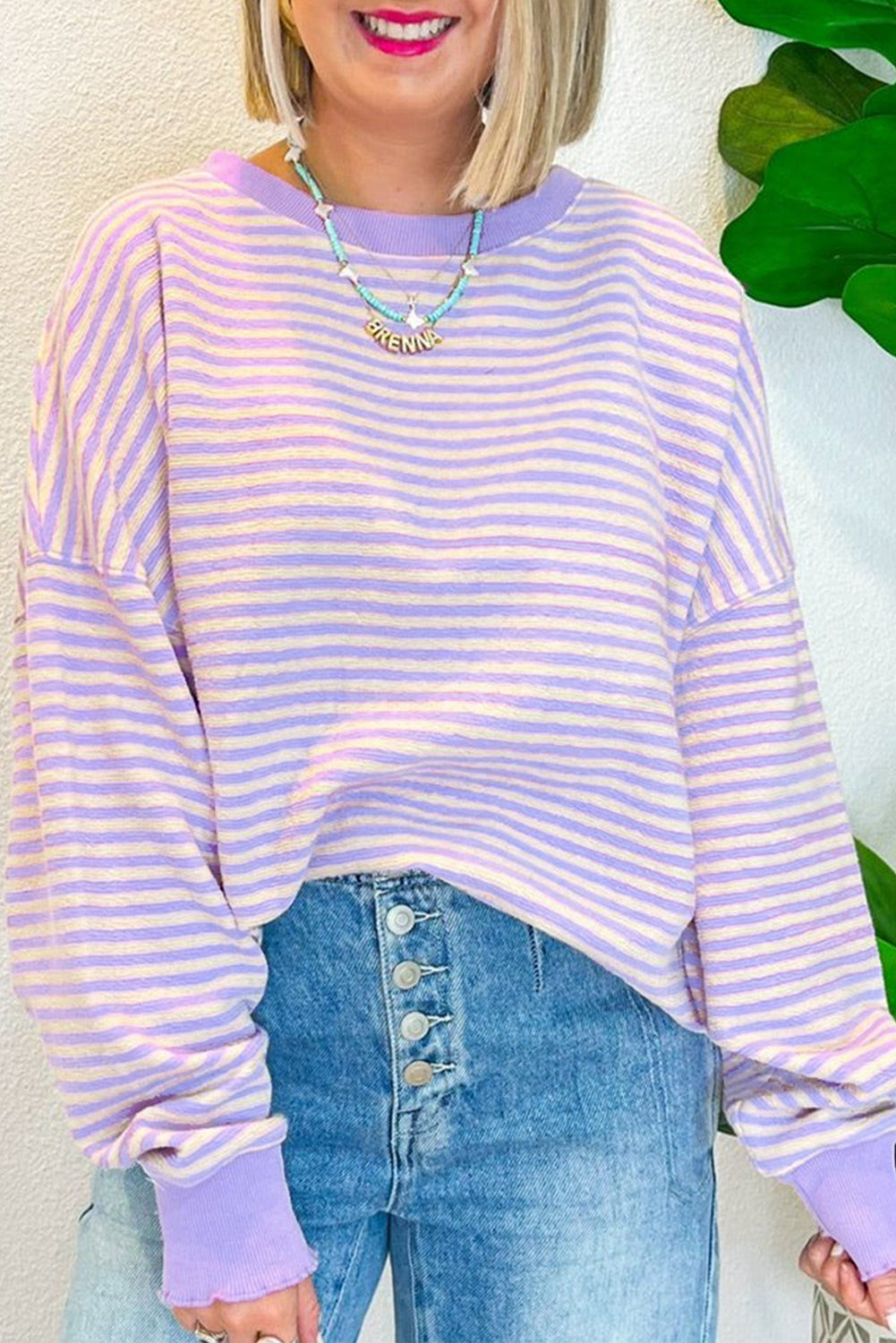 *WEBSITE EXCLUSIVE*  Flora Pink Stripe Drop Shoulder Long Sleeve Top