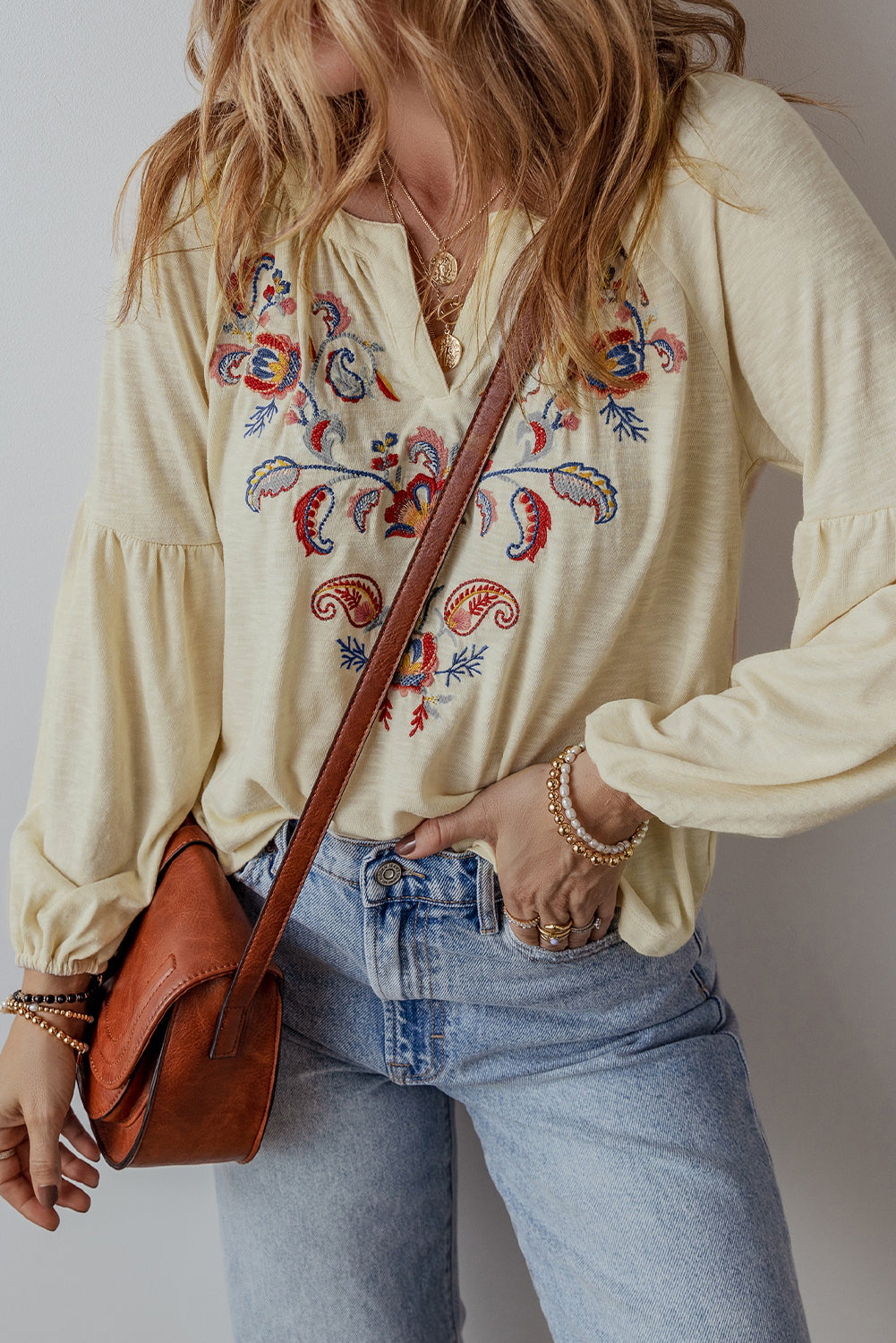 *WEBSITE EXCLUSIVE* Paisley Floral Embroidered Notch V Neck Blouse